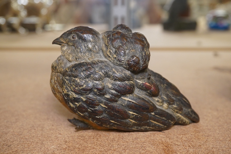 A novelty Austrian cold painted bronze ‘bird and chicks’ inkwell, 10cm wide. Condition - lacking liner, fair to good